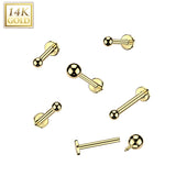 14K Solid Gold Internal Threaded Flat Base Stud With Press Balls Cartilage Labret