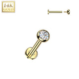 14K Solid Gold Internal Threaded Flat Base Stud With Bezel CZ Tragus Labret