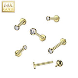 14K Solid Gold Internal Threaded Flat Base Stud With Bezel CZ Tragus Labret