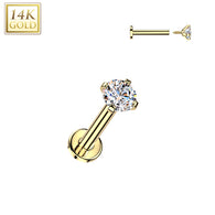 14K Solid Gold Internal Threaded Flat Base Stud With Prong CZ Tragus Labret