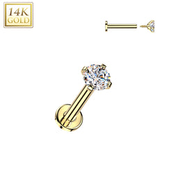 14K Solid Gold Internal Threaded Flat Base Stud With Prong CZ Tragus Labret