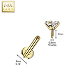 14K Solid Gold Internal Threaded Flat Base Stud With Prong CZ Tragus Labret