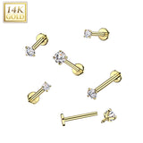 14K Solid Gold Internal Threaded Flat Base Stud With Prong CZ Tragus Labret