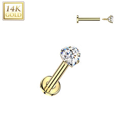 14K Solid Gold Internal Threaded Flat Base Stud With Heart CZ Tragus Labret