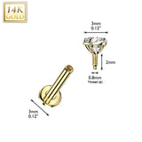 14K Solid Gold Internal Threaded Flat Base Stud With Heart CZ Tragus Labret