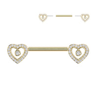 Pair Threadless Push In Heart CZ Nipple Barbell Ring
