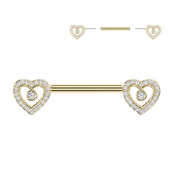 Pair Threadless Push In Heart CZ Nipple Barbell Ring