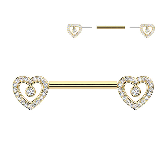 Pair Threadless Push In Heart CZ Nipple Barbell Ring