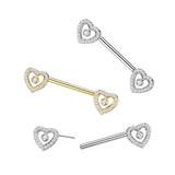 Pair Threadless Push In Heart CZ Nipple Barbell Ring