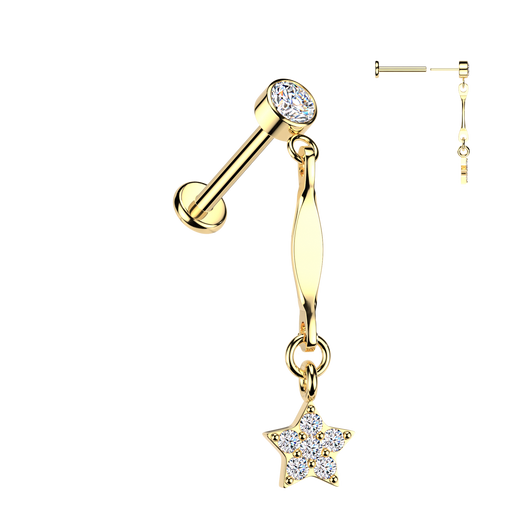 316L Threadless Pave CZ Star Dangle Top Tragus Labret Cartilage Studs