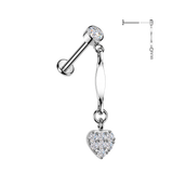 316L Threadless Pave CZ Heart Dangle Top Tragus Labret Cartilage Helix