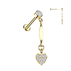 316L Threadless Pave CZ Heart Dangle Top Tragus Labret Cartilage Helix