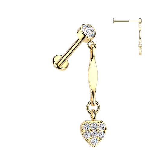 316L Threadless Pave CZ Heart Dangle Top Tragus Labret Cartilage Helix