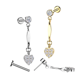 316L Threadless Pave CZ Heart Dangle Top Tragus Labret Cartilage Helix