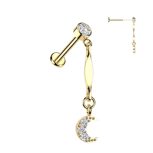 316L Threadless Pave CZ Moon Dangle Top Tragus Labret Cartilage Helix