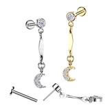 316L Threadless Pave CZ Moon Dangle Top Tragus Labret Cartilage Helix