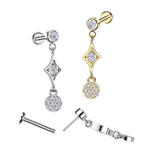 316L Threadless Bezel Set CZ Dangle Tragus Labret Cartilage Helix