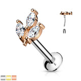 Threadless 3 Marquise CZ Top Labret Tragus Snug Ear Cartilage Helix Studs