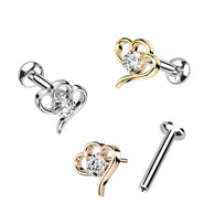 Hollow Heart CZ Push In Top Labret Tragus Snug Ear Cartilage Helix