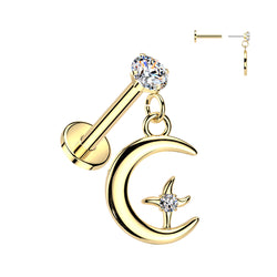 Threadless Push In Moon& Star Top Labret Tragus Ear Cartilage Helix