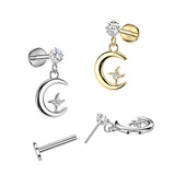 Threadless Push In Moon& Star Top Labret Tragus Ear Cartilage Helix