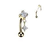 Titanium Threadless Push In Diamond CZ Dangle Eyebrow Ring 16G