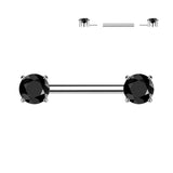 Pair Titanium Threadless Push in Nipple Barbell with Prong CZ