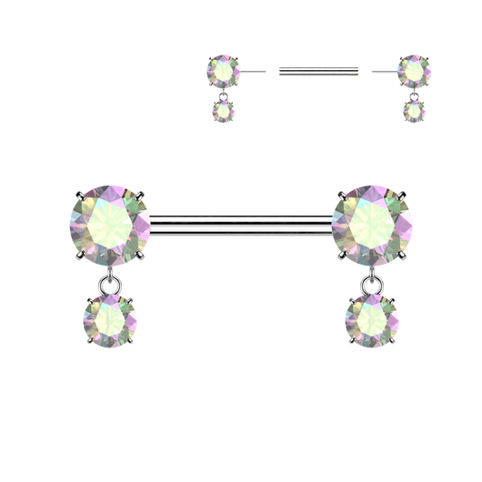 Pair Titanium Threadless Push in Nipple Barbell with Prong CZ & Dangles