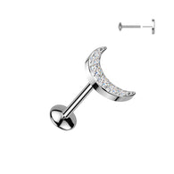 Titanium Threadless Push In Stud with CZ Crescent Moon Top Labret Tragus