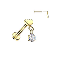 Titanium Threadless Push-In Flat Heart & CZ Dangle Labret Ear Cartilage