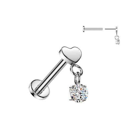 Heart Top CZ Dangle Titanium Threadless Stud for Labret Tragus Lobe Helix