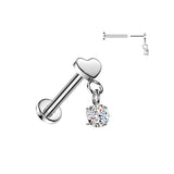 Titanium Threadless Push-In Flat Heart & CZ Dangle Labret Ear Cartilage