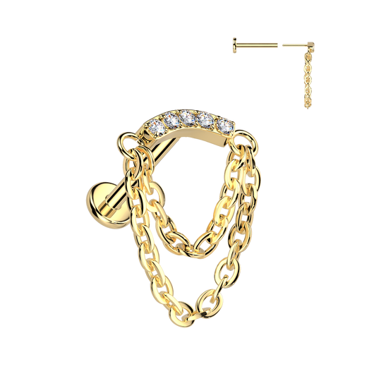 Titanium Threadless 2 Chain Curved Top & CZ Hidden Helix Labret