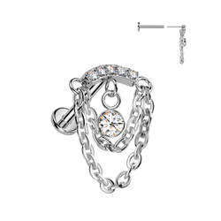 Titanium Threadless 2 Chain Curved Top & CZ Dangle Helix Labret
