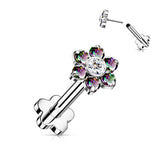 Titanium Threadless Push-In CZ Flower Labret Flower Base Stud