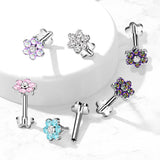 Titanium Threadless Push-In CZ Flower Labret Flower Base Stud