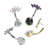 Titanium Threadless Push In CZ & 5 Marquise CZ Fan Top Belly Button Ring