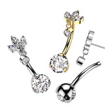 Titanium Threadless Push In CZ & 3 Marquise CZ Dangle Belly Button Ring