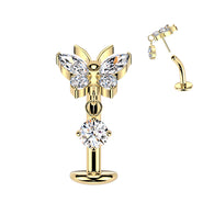 Titanium Threadless Floating Convex Base Butterfly CZ Top Belly Button Ring