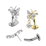 Titanium Threadless Floating Convex Base Butterfly CZ Top Belly Button Ring