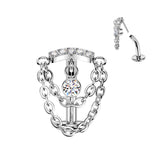 Titanium Threadless Floating Convex Base Double Chain CZ Top Belly Button Ring