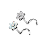 Titanium Opal & CZ Flower Top Threadless Push In Nose Screw