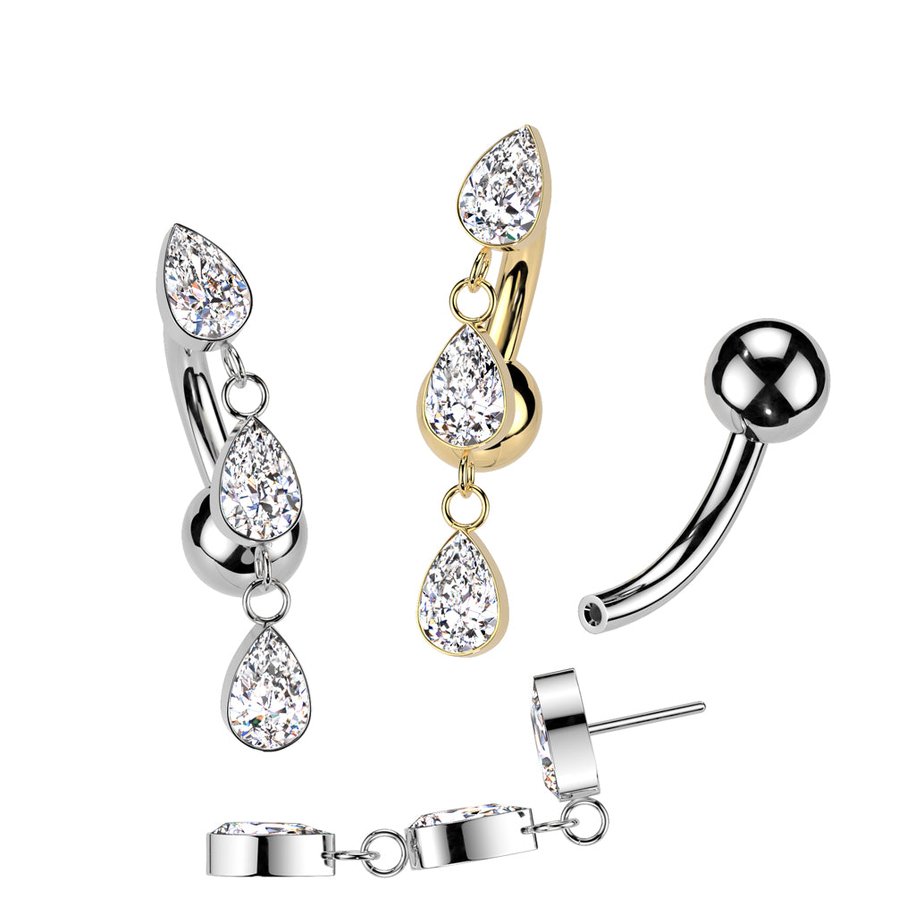 Titanium Threadless Push In 3 Tear Drop CZ Belly Button Rings ...