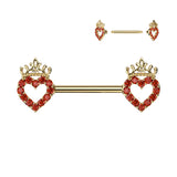Pair CZ Paved Heart & Crown NippleBarbell Rings