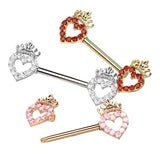 Pair CZ Paved Heart & Crown NippleBarbell Rings