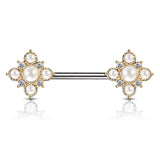 Pair Pearl & CZ Paved Vintage Flower End Barbell Nipple Rings