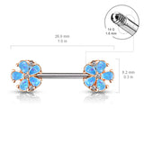 Pair Opal Glitter Filled 5 Petal Flower Ends Barbell Nipple Rings