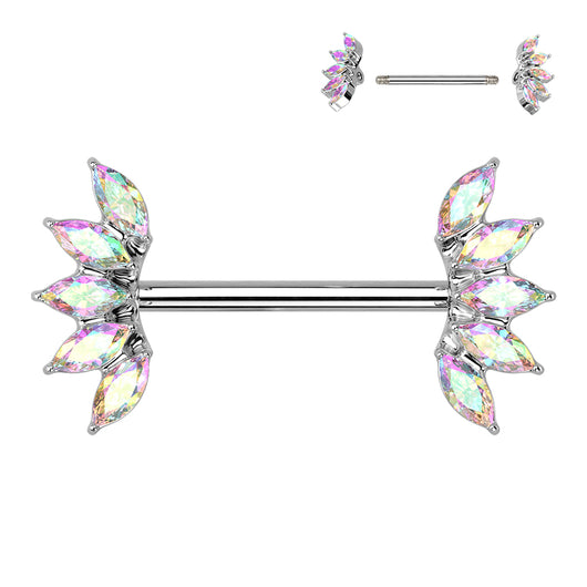 Pair 5 Marquise Crystals Fan End Nipple Barbell Rings