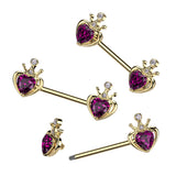 Pair of Pink Gem Heart & Crown Ends NippleBarbell Rings