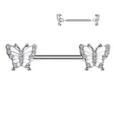 Pair Pave CZ Butterfly Ends Nipple Barbell Rings
